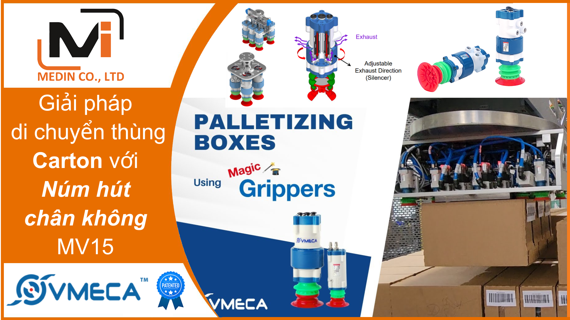Giải pháp di chuyển thùng Carton với Núm hút chân không MV15 Vacuum Gripper Vmeca