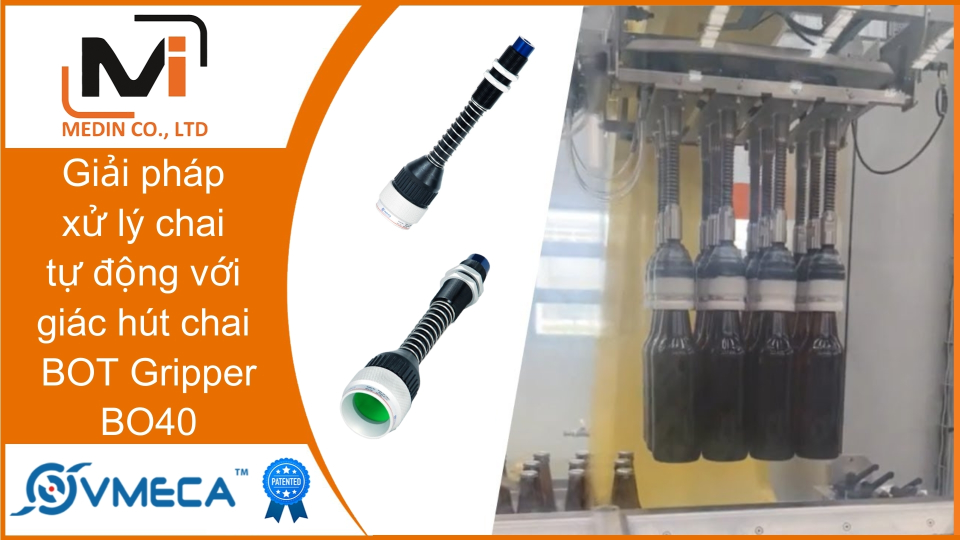 Giải pháp xử lý chai tự động với giác hút chai BOT Gripper BO40 của Vmeca