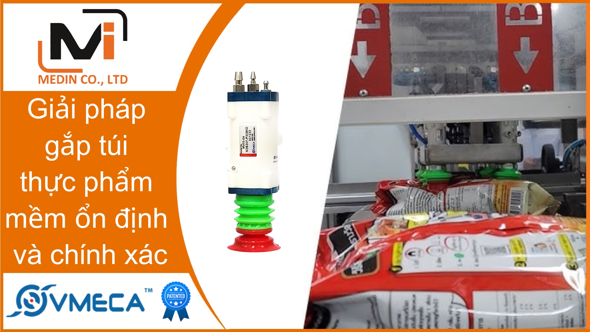 Giải pháp gắp túi thực phẩm mềm ổn định và chính xác với Giác hút chân không MV15 của Vmeca