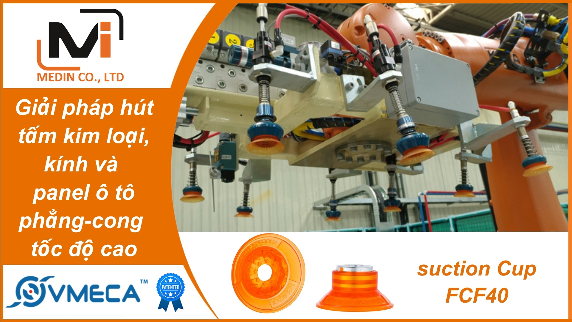 Giải pháp hút tấm kim loại, kính và panel ô tô phẳng-cong tốc độ cao với núm hút chân không Vmeca Suction Cup FCF40