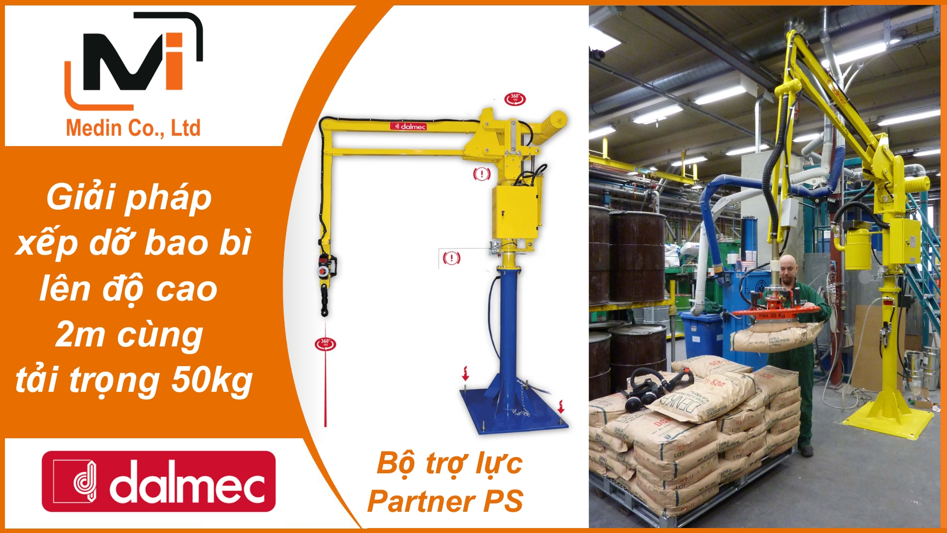 Giải pháp xếp dỡ bao bì lên độ cao 2m cùng tải trọng 50kg với Bộ trợ lực Partner PS Industrial Manipulators Dalmec