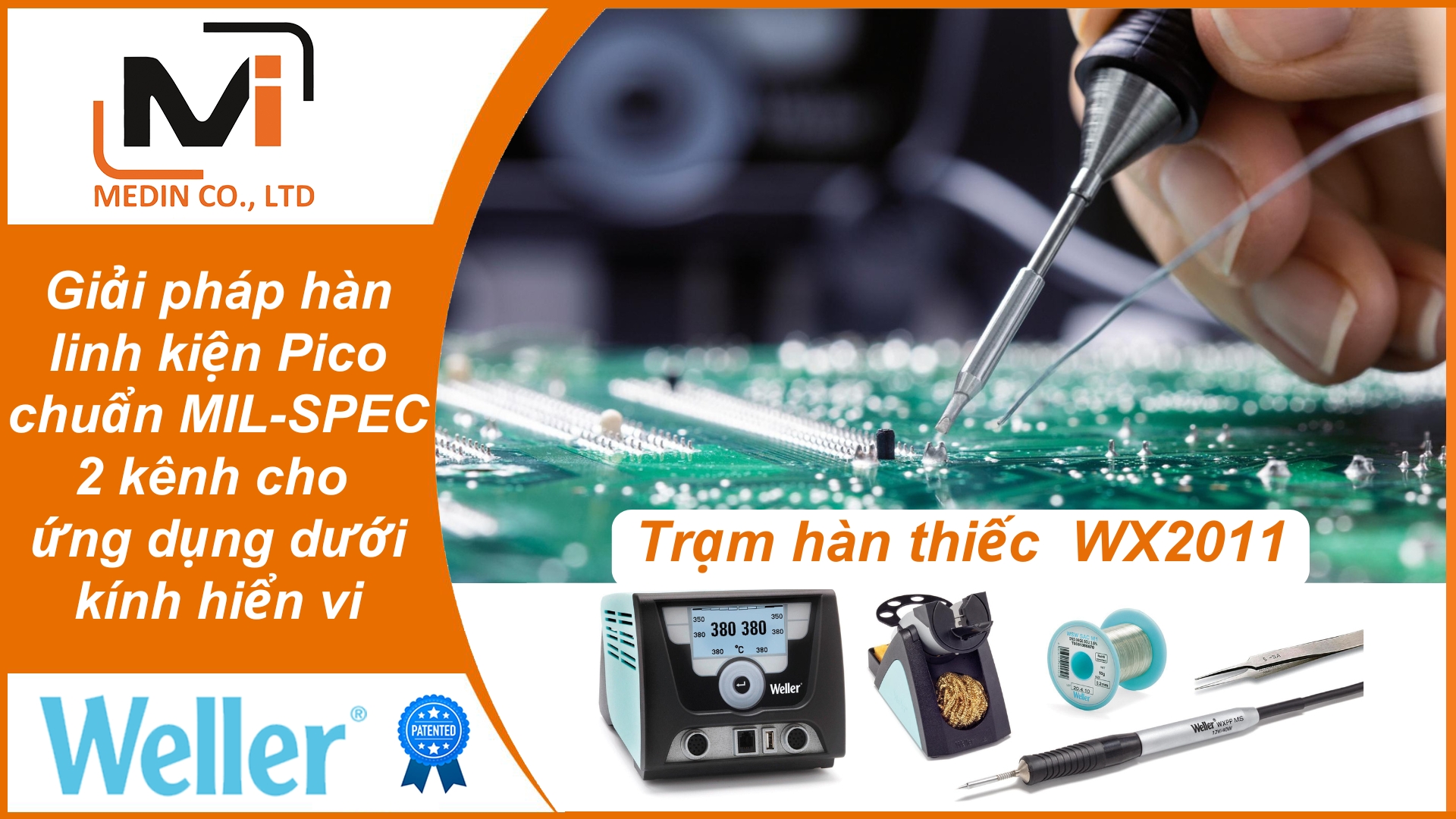 Giải pháp hàn linh kiện Pico chuẩn MIL-SPEC Trạm hàn thiếc Weller WX2011 soldering station 2 kênh cho ứng dụng dưới kính hiển vi