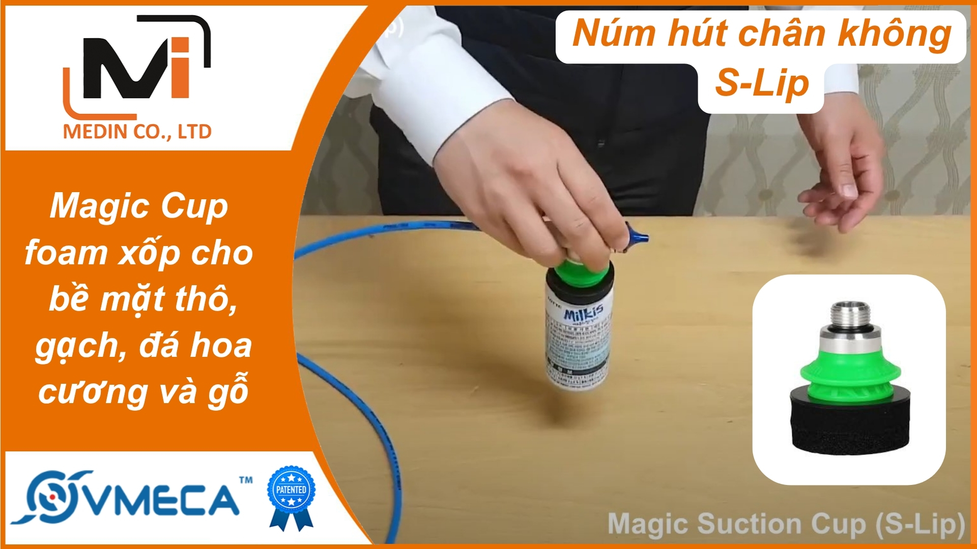 Ứng dụng núm hút chân không Vmeca S-Lip – Magic Cup foam xốp cho bề mặt thô, gạch, đá hoa cương và gỗ